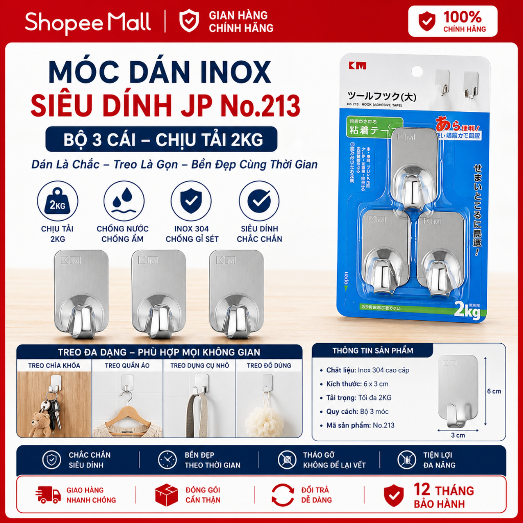 Bộ 3 Móc Dán Inox Siêu Dính Jp No.213 – Dán Là Chắc, Treo Là Gọn, Bền Đẹp Cùng Thời Gian