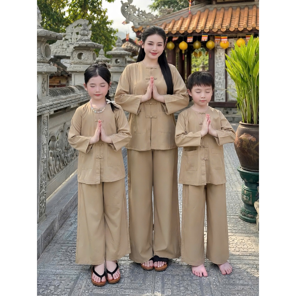 Pháp phục đi chùa cho mẹ và bé cổ tròn lụa nhuyễn Set mẹ và bé đi chùa dài tay dễ thương
