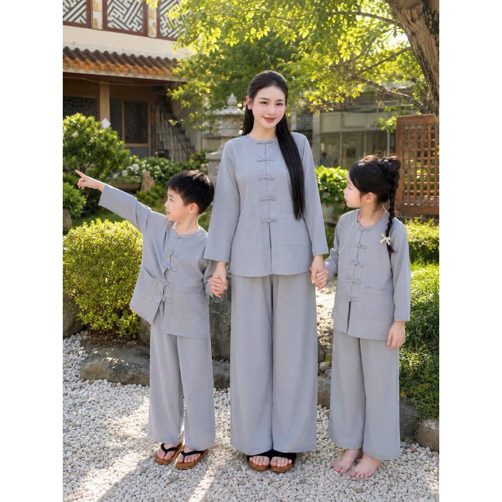 Pháp phục đi chùa cho mẹ và bé cổ tròn lụa nhuyễn Set mẹ và bé đi chùa dài tay dễ thương