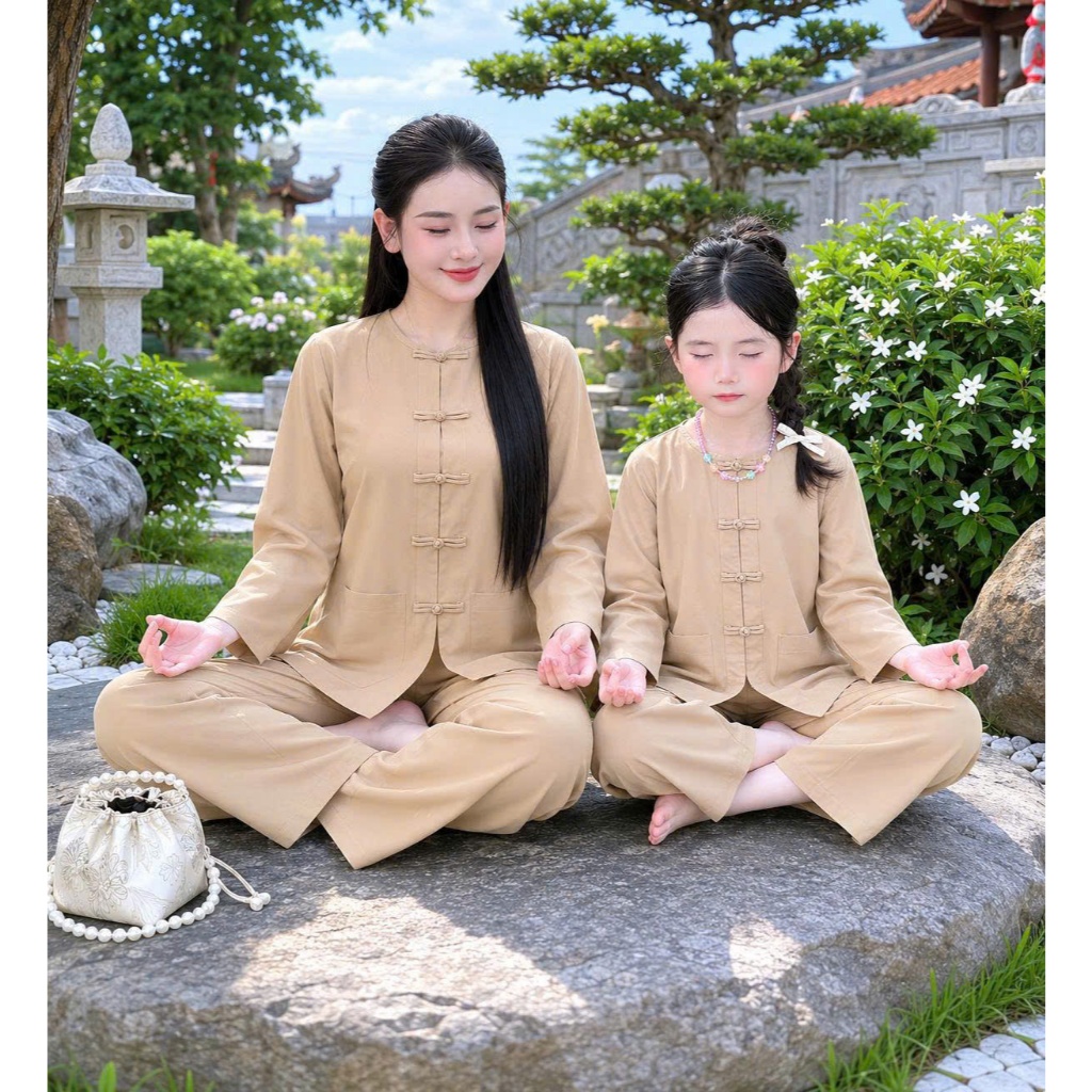 Pháp phục đi chùa cho mẹ và bé cổ tròn lụa nhuyễn Set mẹ và bé đi chùa dài tay dễ thương