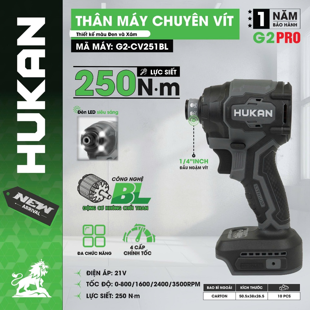Máy chuyên vít búa HUKAN G2-CV251BL, Lực siết 250Nm, 4 tốc độ, 4 tính năng - Sử dụng Chân pin phổ thông