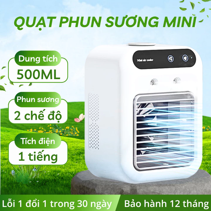 Quạt phun sương tích điện mini, quạt điều hòa hơi nước 2 mức gió để bàn làm việc bảo hành 12 tháng