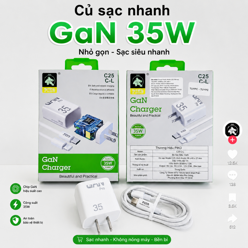 Bộ Sạc nhanh Piko công 35W cho iphone,Samsung  hàng chất lượng. bảo hành 24 tháng
