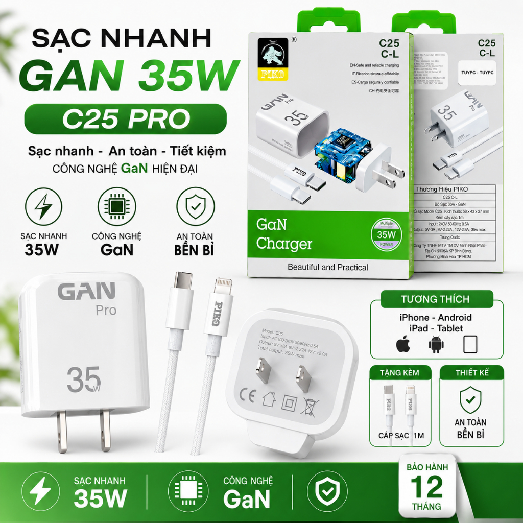Bộ Sạc nhanh Piko công 35W cho iphone,Samsung  hàng chất lượng. bảo hành 24 tháng