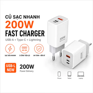 CỦ SẠC NHANH 200W VỚI 3 CỔNG CẮM, USB, TYPEC, LIGHT SẠC NHANH CHO ĐIỆN THOẠI