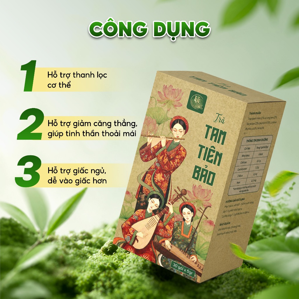 Trà Thảo Mộc Tam Tiên Bảo Uyên Nhiên 8 Vị Tự Nhiên Hương Thơm Êm Dịu Hỗ Trợ Ngủ Ngon Hộp 30 Túi x 5g