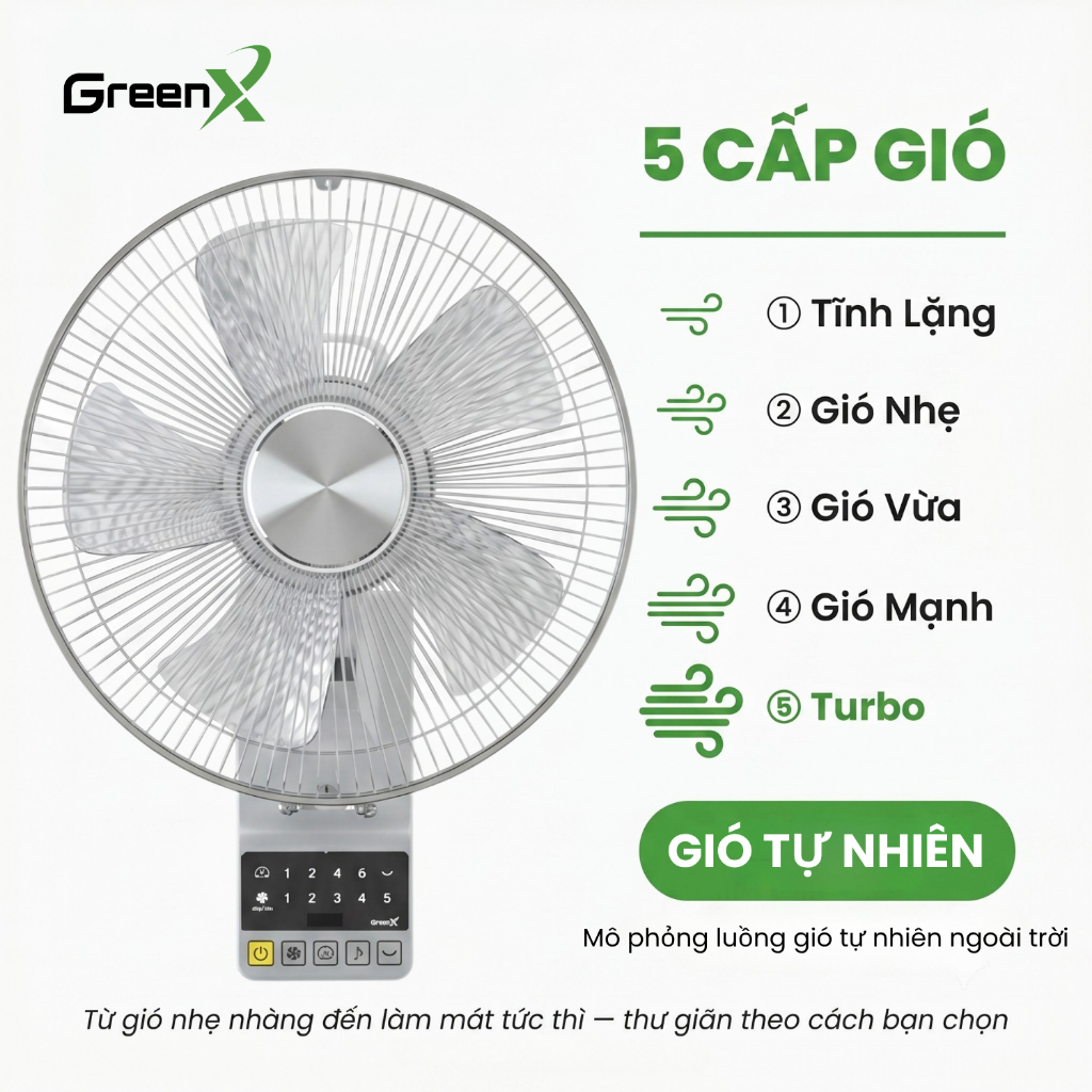 Quạt treo tường GreenX VTech365 Động cơ DC Tiết kiểm điện năng 5 cấp độ Cánh 30cm Chống ồn