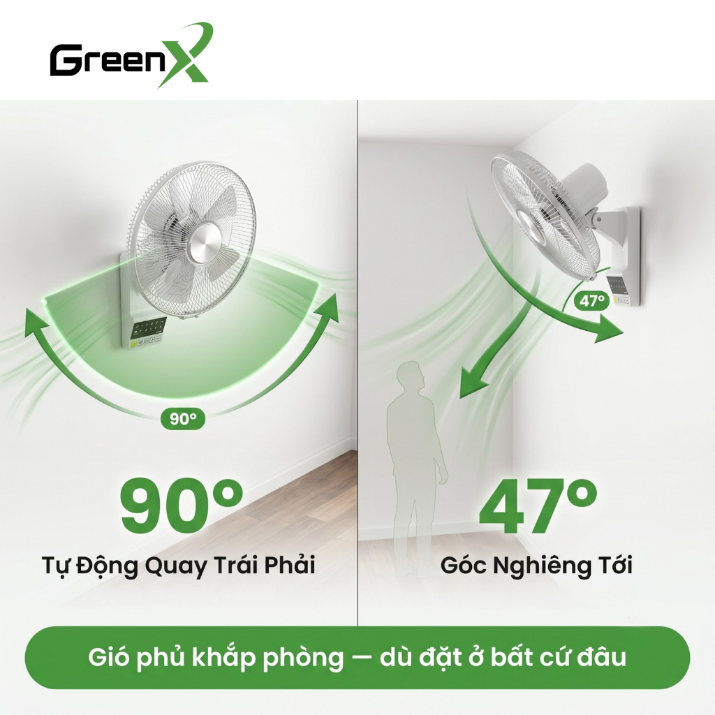 Quạt treo tường GreenX VTech365 Động cơ DC Tiết kiểm điện năng 5 cấp độ Cánh 30cm Chống ồn
