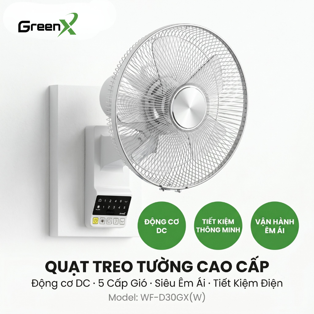 Quạt treo tường GreenX VTech365 Động cơ DC Tiết kiểm điện năng 5 cấp độ Cánh 30cm Chống ồn