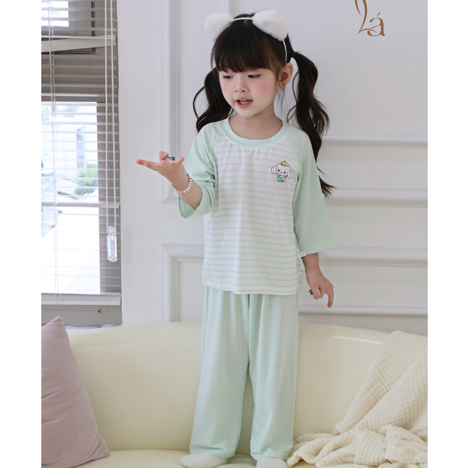 Đồ bộ ngủ cho bé sợi sồi Modal Lá Homewear A322, tay lỡ quần dài họa tiết sọc ngang dễ thương