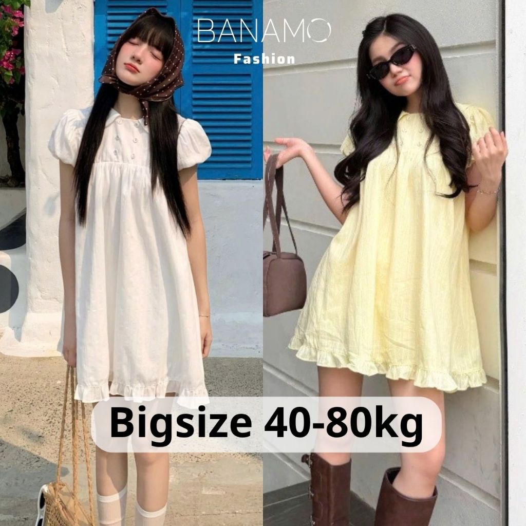 Váy babydoll nữ BIGSIZE Banamo Fashion váy cổ sen tay bồng dáng suông form rộng phong cách tiểu thư Hàn Quốc 5200