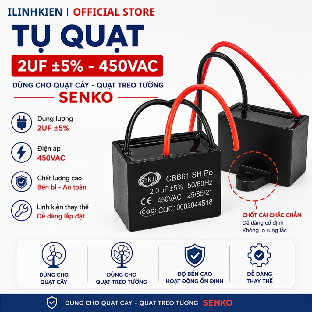Tụ quạt điện, tụ quạt senko 450V 2uF dây CBB61 senju chất lượng cao ilinhkien.