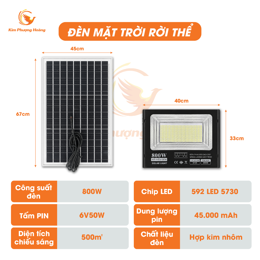 Đèn Pha LED Năng Lượng Mặt Trời Công Suất 800W| Đèn Pha Năng Lượng Tấm Pin Mono Cỡ Lớn Bảo Hành 5 Năm