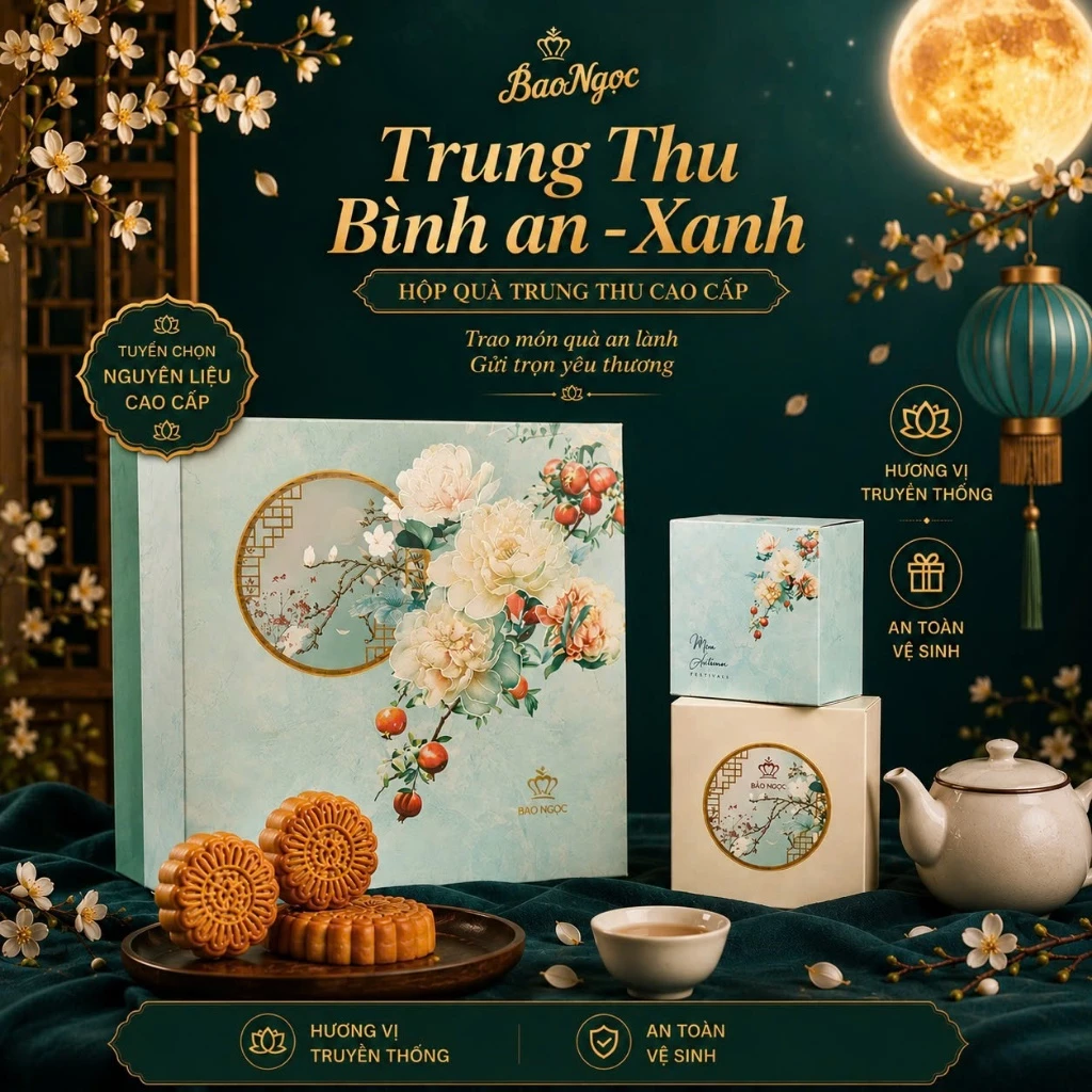 Set Bánh Trung Thu Cao Cấp Bảo Ngọc – Thu Bình An Xanh (Hộp 4 Bánh)