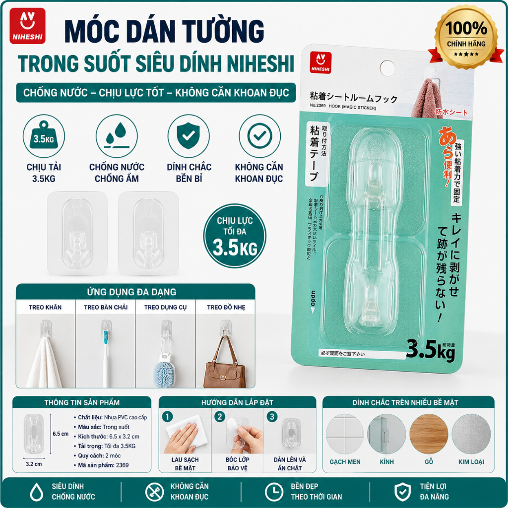 MÓC DÁN TƯỜNG TRONG SUỐT SIÊU DÍNH NIHESHI – CHỐNG NƯỚC, CHỊU LỰC TỐT, KHÔNG CẦN KHOAN ĐỤC 2369