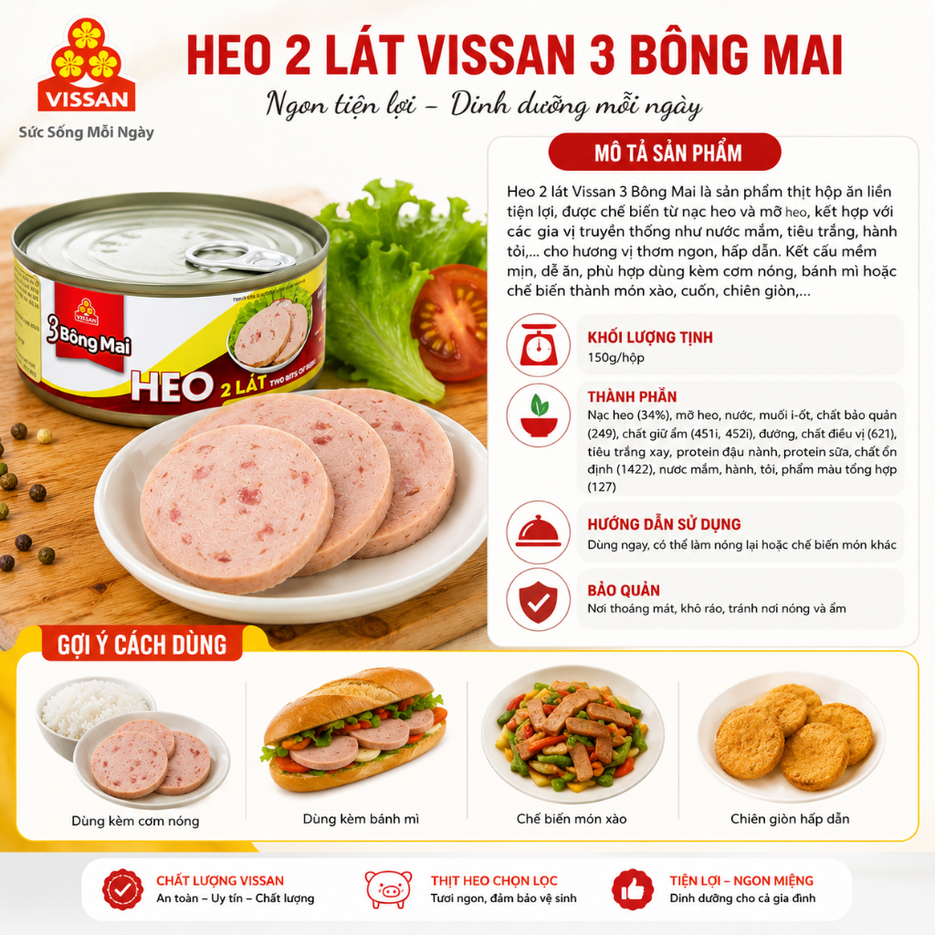 [Combo 5 Hộp] Heo 2 Lát 3 Bông Mai Vissan – Chính Hãng Date 2029, HSD 36 Tháng, Ăn Liền Tiện Lợi