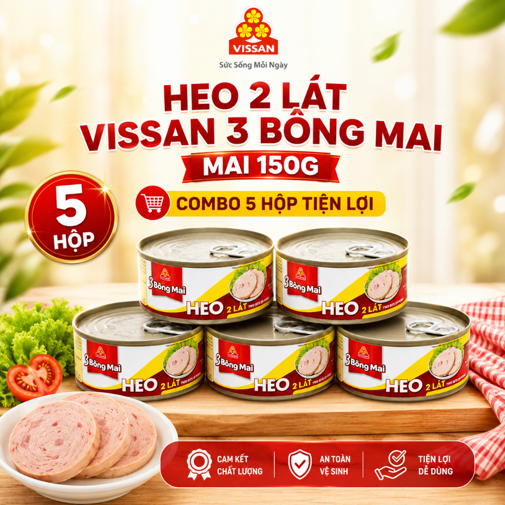 [Combo 5 Hộp] Heo 2 Lát 3 Bông Mai Vissan – Chính Hãng Date 2029, HSD 36 Tháng, Ăn Liền Tiện Lợi