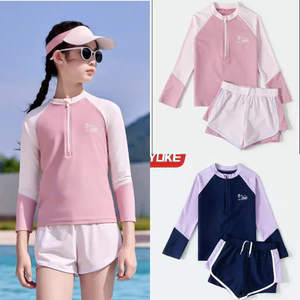 Đồ bơi cho bé gái áo dài tay quần đùi sz 10-65kg, đồ bơi mẹ bé chống nắng giữ nhiệt họa tiết đảo dừa