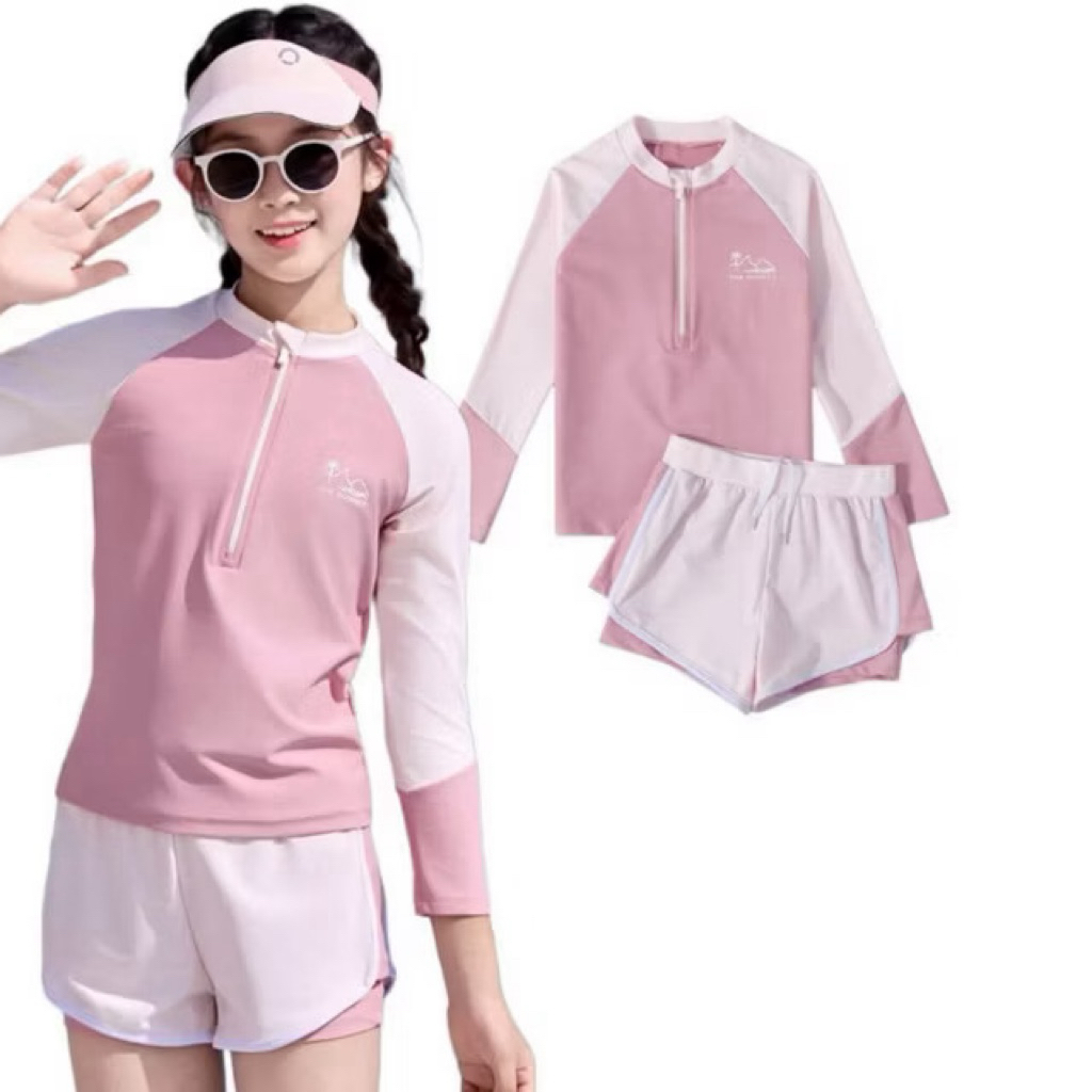 Đồ bơi cho bé gái áo dài tay quần đùi sz 10-65kg, đồ bơi mẹ bé chống nắng giữ nhiệt họa tiết đảo dừa