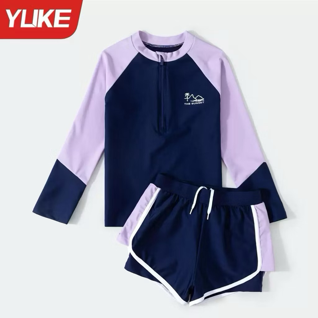 Đồ bơi cho bé gái áo dài tay quần đùi sz 10-65kg, đồ bơi mẹ bé chống nắng giữ nhiệt họa tiết đảo dừa