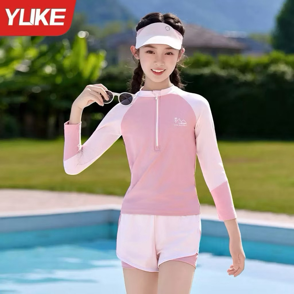 Đồ bơi cho bé gái áo dài tay quần đùi sz 10-65kg, đồ bơi mẹ bé chống nắng giữ nhiệt họa tiết đảo dừa