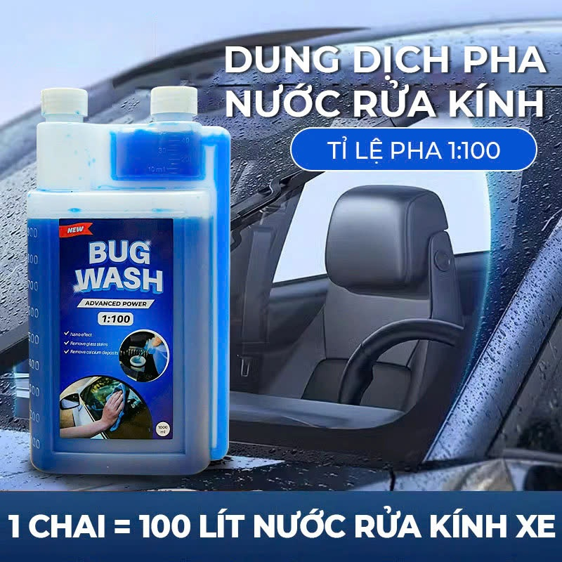 Dung Dịch Pha Nước Rửa Kính Ô Tô BUG WASH 1:100 | Làm Sạch Kính Lái, Tẩy Bụi Bẩn, 1 Chai Pha 100L