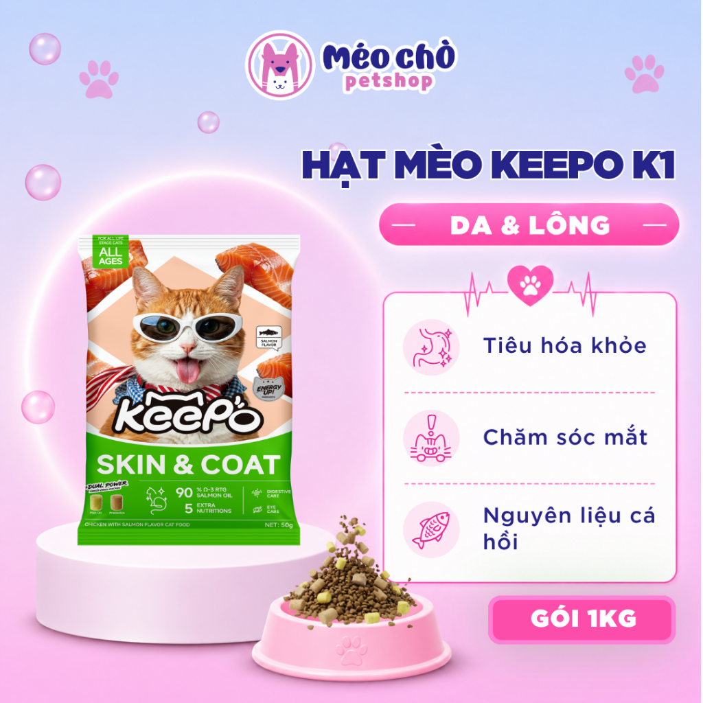 Thức ăn cho mèo Keepo K1 50g, 30% đạm gà & cá hồi chăm sóc da lông óng mượt - Méo chò petshop