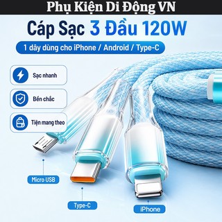 Cáp sạc nhanh 120W Type-C iPhone dây bện nylon siêu bền cho iPhone 11 12 13 14 15 16 17 Samsung Xiaomi OPPO Vivo