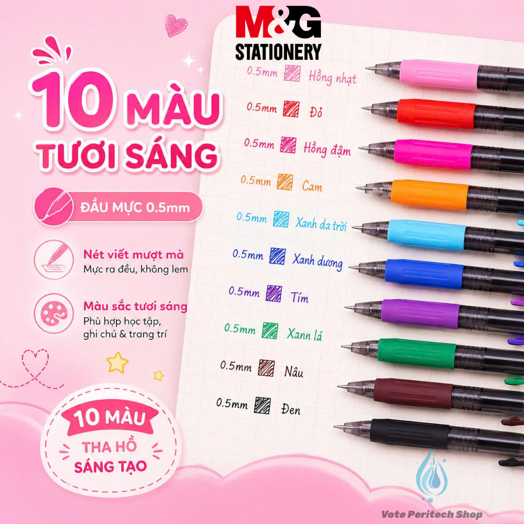 Bút Gel Bấm M&G AGPH1871 0.5mm – 10 Màu Nổi Bật, Mực Tím/Đen/Xanh/Đỏ, Trang Trí Sổ Tay