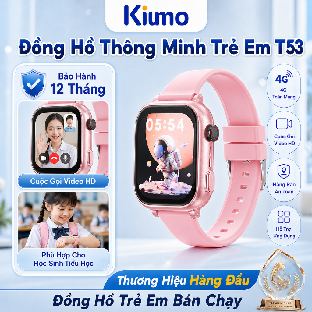 Kiumo đồng hồ thông minh trẻ em 4G GPS,gọi video HD,750mAh,chống nước,SIM,SOS,RAM 2+16GB,kèm dây đeo & ốp silicone