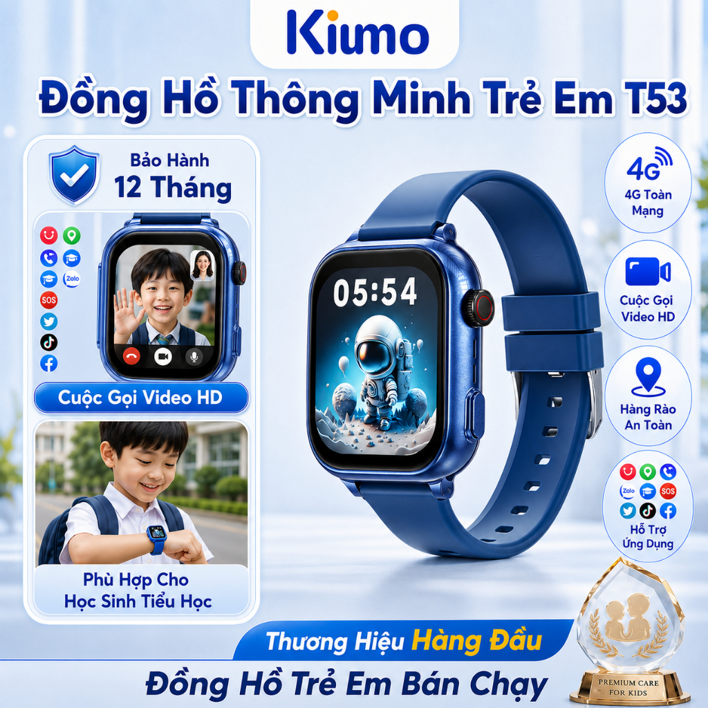 【T53】Kiumo Đồng Hồ Thông Minh Trẻ Em 4G GPS Chính Xác Gọi Video HD Chống Nước Màn Hình IPS HD Pin 750mAh