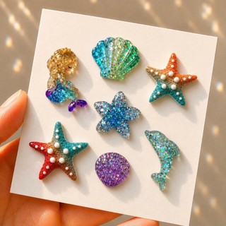 Set Charm Nàng Tiên Cá Đại Dương Pha Lê Cao Cấp 7 Món Cá Heo Sao Biển Vỏ Sò Resin Lấp Lánh Trang Trí Dép Dễ Thương 🌊🧜‍♀️