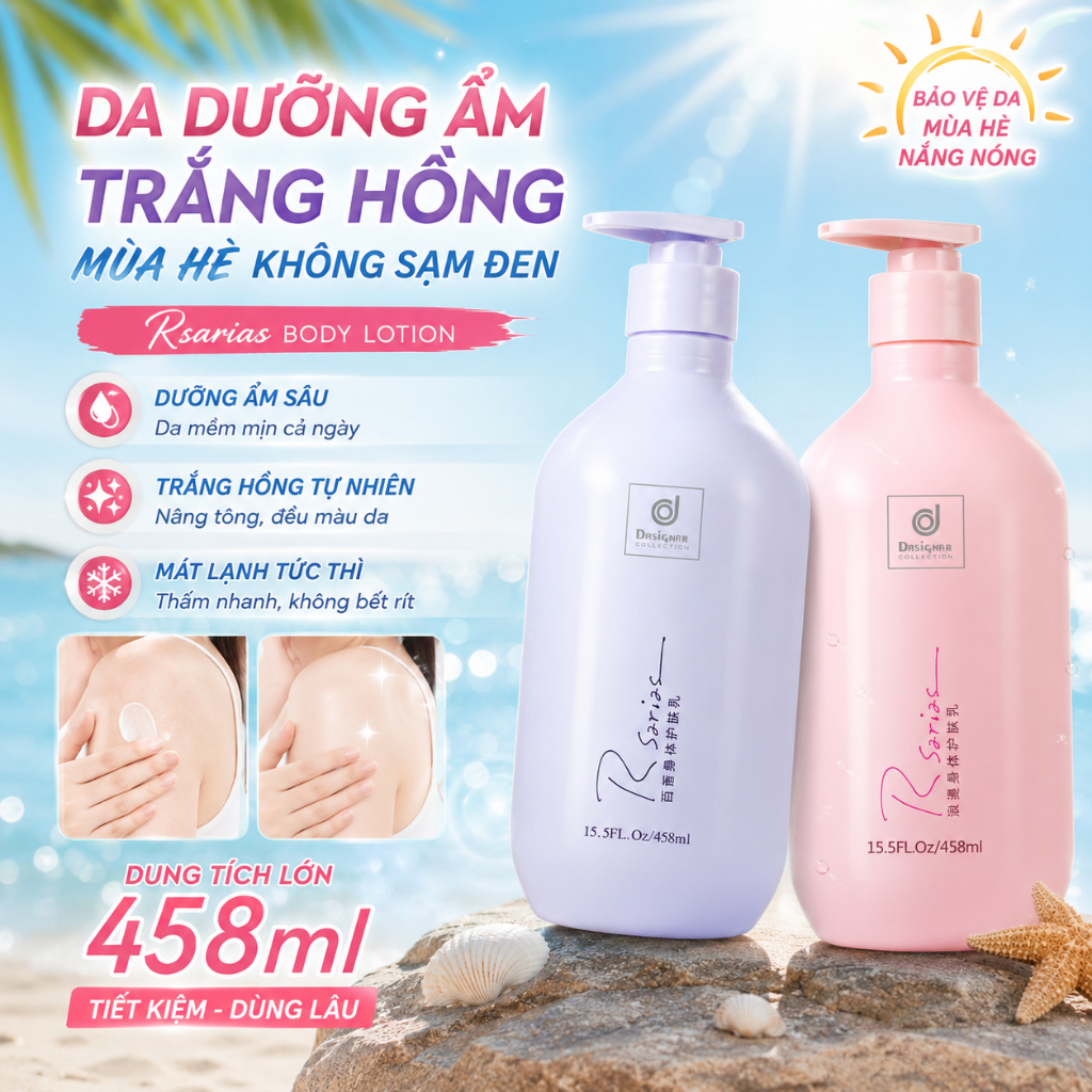 Kem Dưỡng Thể Rsarias 458ml Dưỡng Ẩm Mùa Hè Làm Mềm Da Trắng Hồng Tự Nhiên Không Khô Ráp Không Nhờn Rít