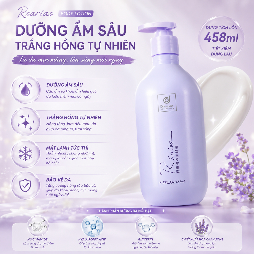 Da Khô Ráp? Thử Ngay Rsarias Body Lotion 458ml Dưỡng Ẩm Sâu Thấm Nhanh Da Mềm Mịn Cả Ngày