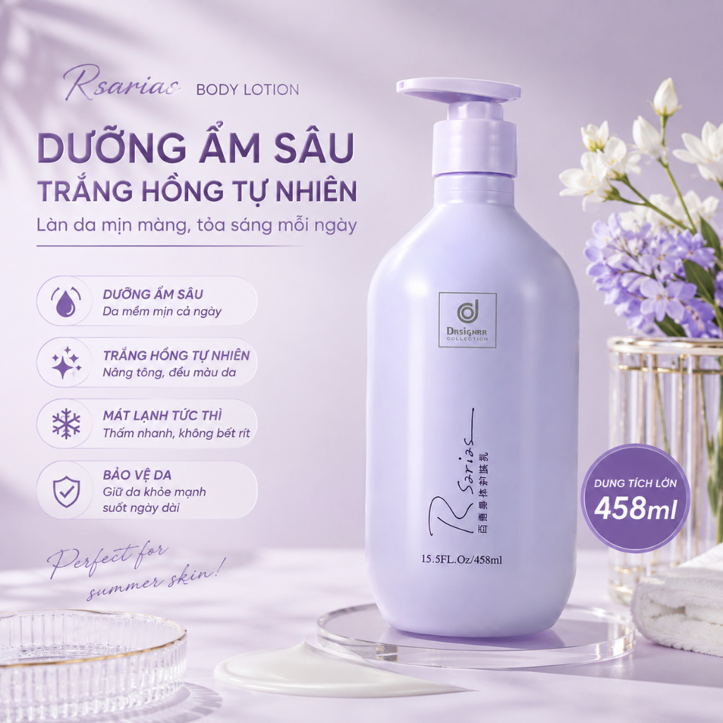 Da Khô Ráp? Thử Ngay Rsarias Body Lotion 458ml Dưỡng Ẩm Sâu Thấm Nhanh Da Mềm Mịn Cả Ngày