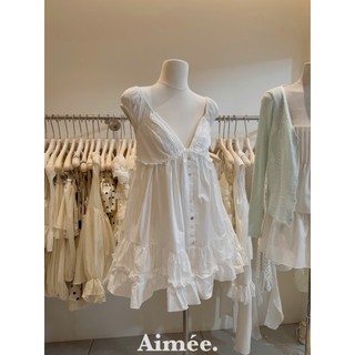 Váy babydoll xinh iu màu trắng phối viền ren đính cúc sơ mi cườm siêu đẹp sang chảnh nhẹ nhàng đỉnh - Baotrang.clothes
