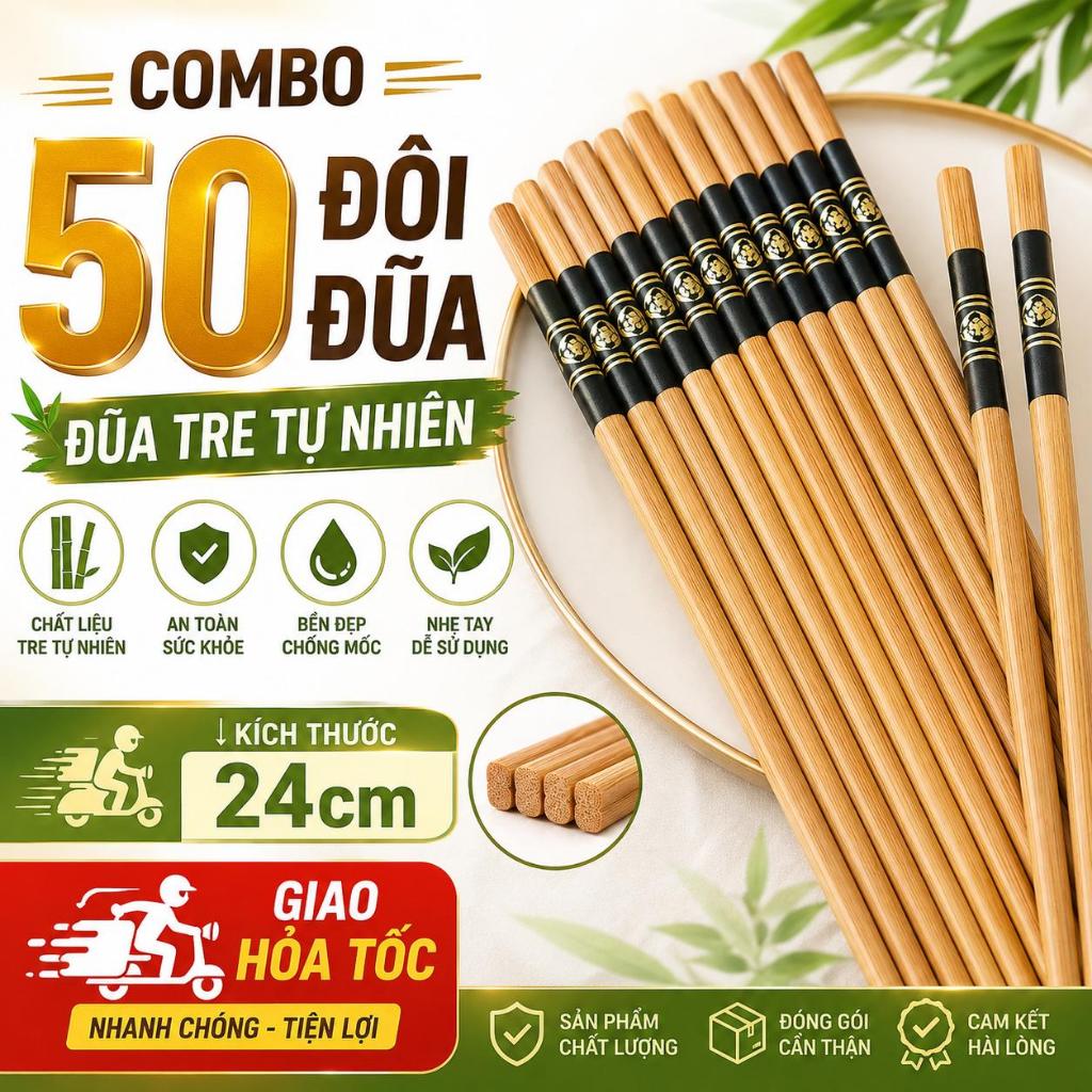 [ HỎA TỐC ] Combo 10-50 Đôi Đũa Tre BamBoo 24cm Chống Trơn Trượt , Nấm Mốc An Toàn Tiện Lợi - Đũa Ăn Cơm Cao Cấp