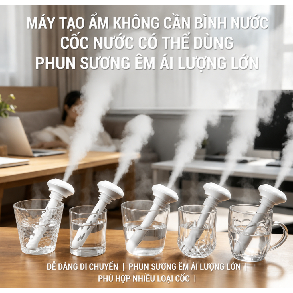 Máy tạo ẩm mini cầm tay | Máy phun sương USB không bình nước | Dùng cho cốc, chai, ly đa năng