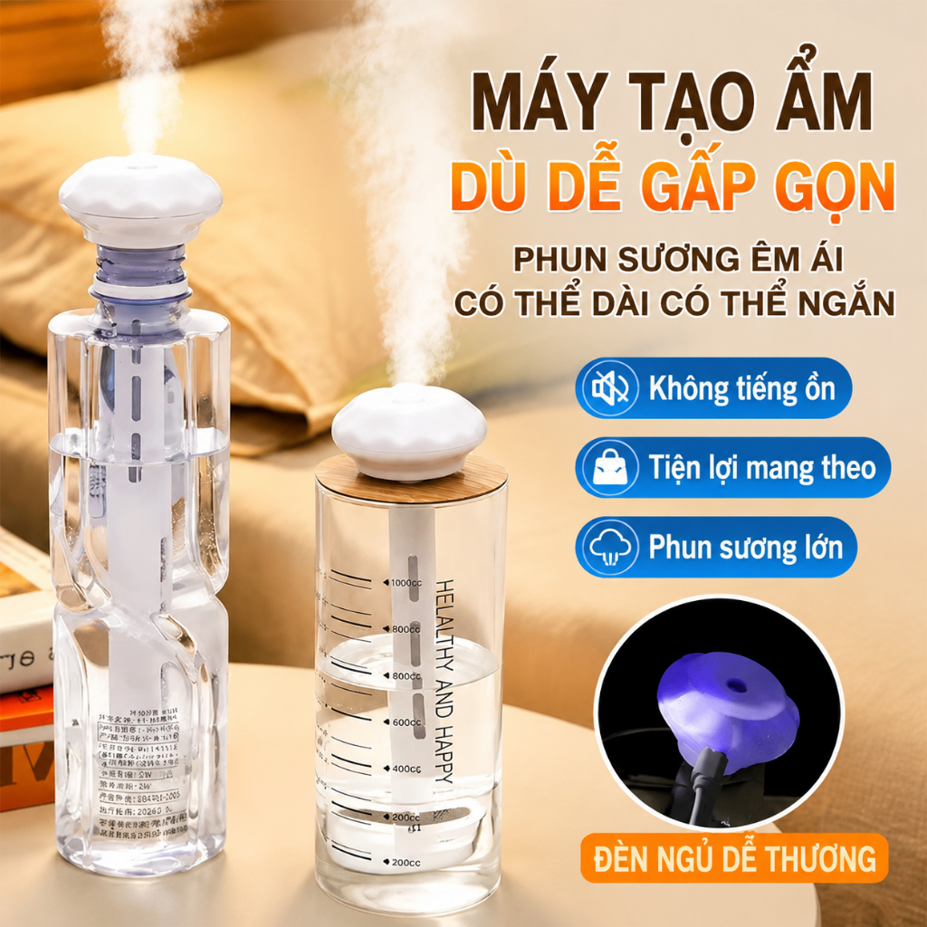 Máy tạo ẩm mini cầm tay | Máy phun sương USB không bình nước | Dùng cho cốc, chai, ly đa năng