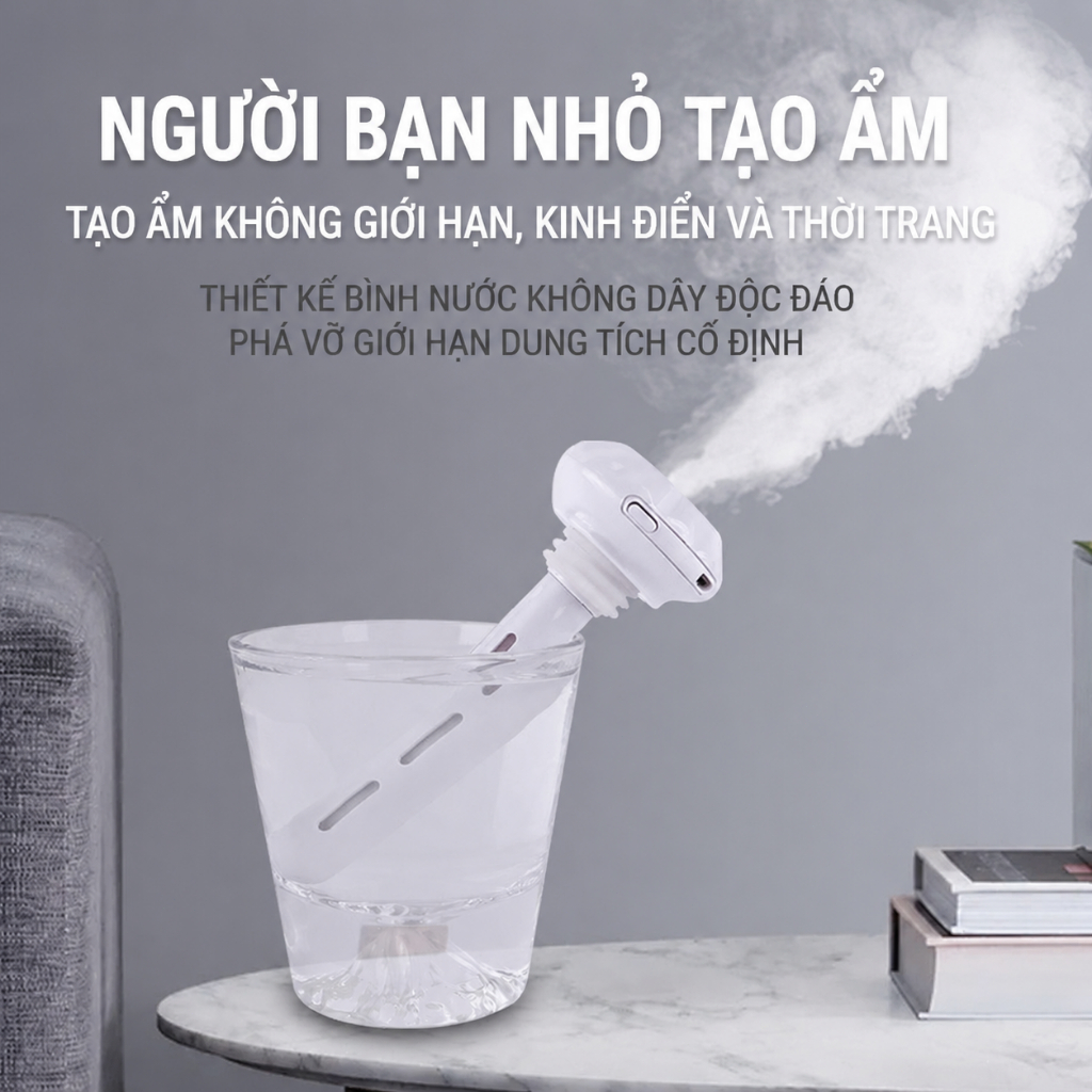 Máy tạo ẩm mini cầm tay | Máy phun sương USB không bình nước | Dùng cho cốc, chai, ly đa năng