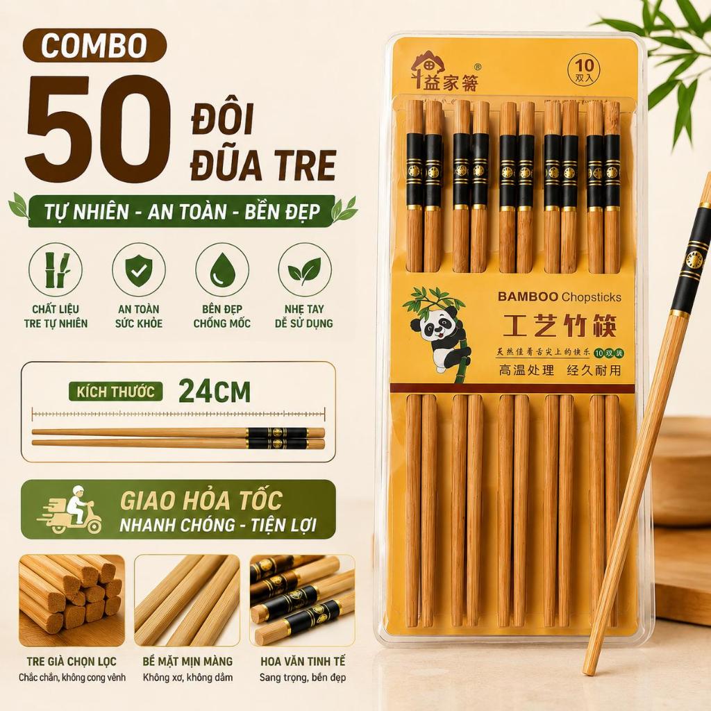 [ HỎA TỐC ] Combo 10-50 Đôi Đũa Tre BamBoo 24cm Chống Trơn Trượt , Nấm Mốc An Toàn Tiện Lợi - Đũa Ăn Cơm Cao Cấp
