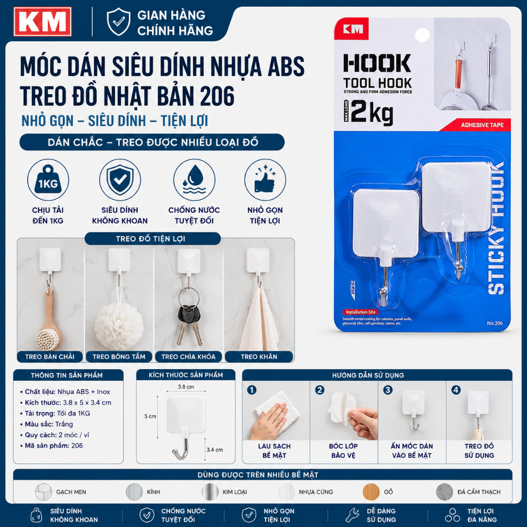 MÓC DÁN SIÊU DÍNH NHỰA  ABS TREO ĐỒ NHẬT BẢN 206