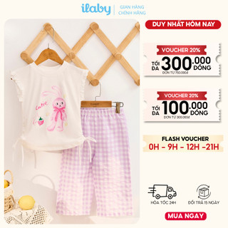 Bộ đồ hè bé gái ILABY HCM áo thun cánh tiên in hình thỏ phối dây rút và quần caro năng động [3873]