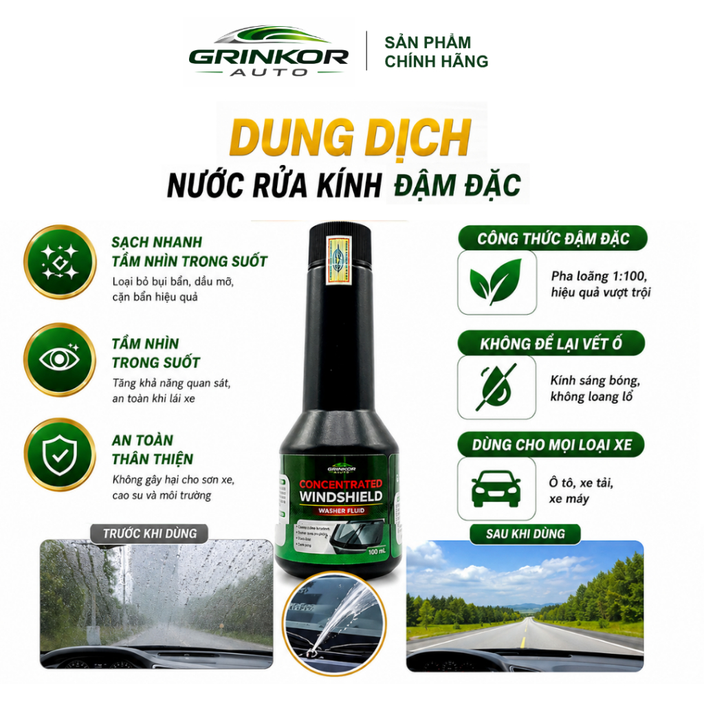 Dung Dịch Nước Rửa Kính Ô Tô Đậm Đặc GRINKOR AUTO 100ml Làm Sạch Bụi Bẩn, Dầu Mỡ Nhẹ, Giúp Tầm Nhìn Rõ Lái Xe An Toàn
