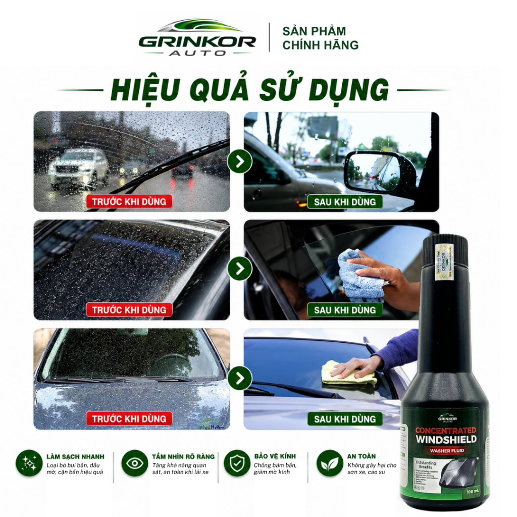 Dung Dịch Nước Rửa Kính Ô Tô Đậm Đặc GRINKOR AUTO 100ml Làm Sạch Bụi Bẩn, Dầu Mỡ Nhẹ, Giúp Tầm Nhìn Rõ Lái Xe An Toàn