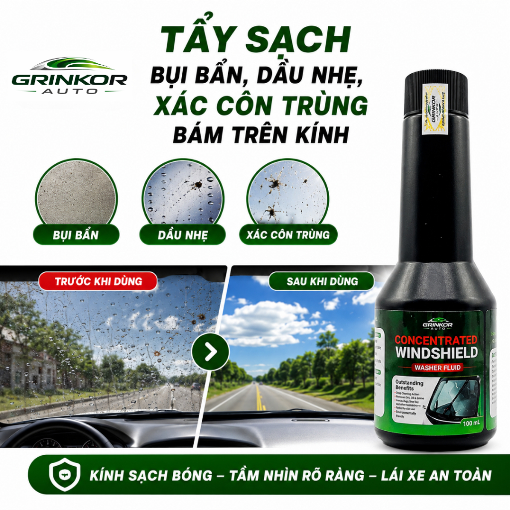 Dung Dịch Nước Rửa Kính Ô Tô Đậm Đặc GRINKOR AUTO 100ml Làm Sạch Bụi Bẩn, Dầu Mỡ Nhẹ, Giúp Tầm Nhìn Rõ Lái Xe An Toàn