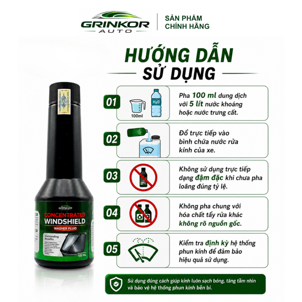 Dung Dịch Nước Rửa Kính Ô Tô Đậm Đặc GRINKOR AUTO 100ml Làm Sạch Bụi Bẩn, Dầu Mỡ Nhẹ, Giúp Tầm Nhìn Rõ Lái Xe An Toàn