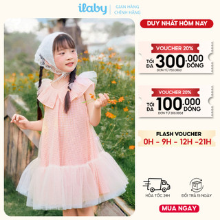 Váy bé gái ILABY HCM dáng xòe họa tiết kẻ caro hồng phối bèo cổ và chân váy voan tơ điệu đà [4016]