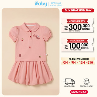Set váy bé gái ILABY HCM áo Polo tay bồng thêu họa tiết Sweet Baby và chân váy bí ngô xinh xắn[3901]