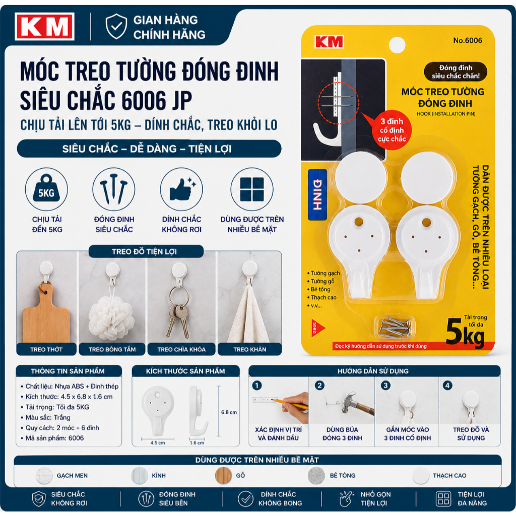 MÓC TREO TƯỜNG ĐÓNG ĐINH  SIÊU CHẮC 6006 JP – CHỊU TẢI LÊN TỚI 5KG